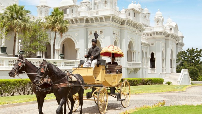 ARRIVE BY HORSE-DRAWN CARRIAGE AT TAJ FALAKNUMA PALACE (INDIA)